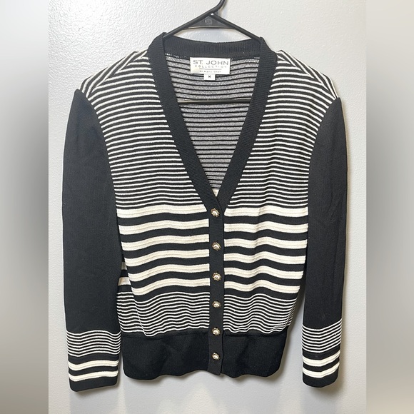St. John Collection Sweaters - St. John Collection Marie Gray White Black Gold Button Cardigan Sweater Size Med